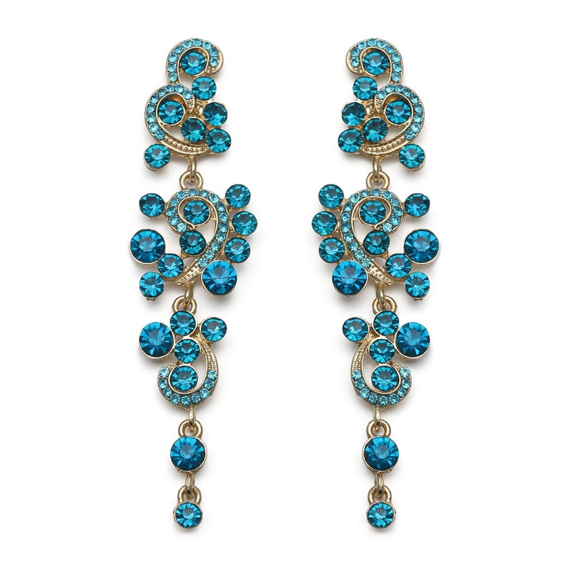 BriLove Long Large Earrings for Women Bohemian Boho Crystal Floral Hollow Chandelier Statement Dangle Jewelry Blue Topaz Color Gold-Toned - Image 1